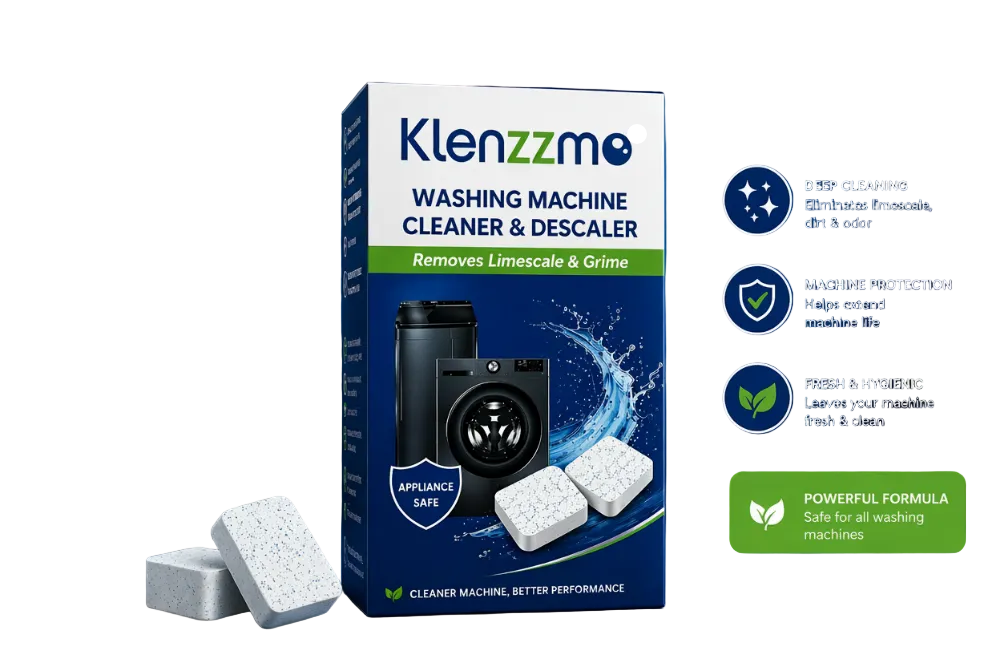 Klenzzmo Washing Machine Cleaner & Descaler Tablets – Removes Limescale, Odor & Grime (Appliance Safe)
