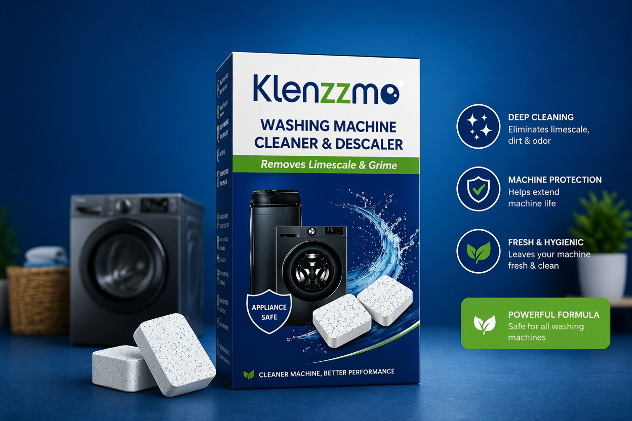 Klenzzmo Washing Machine Cleaner & Descaler Tablets – Removes Limescale, Odor & Grime (Appliance Safe)