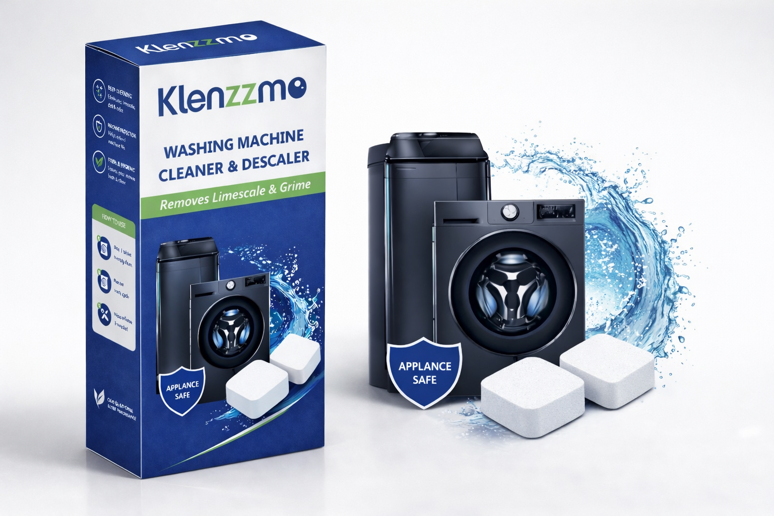 Klenzzmo Washing Machine Cleaner & Descaler Tablets – Removes Limescale, Odor & Grime (Appliance Safe)